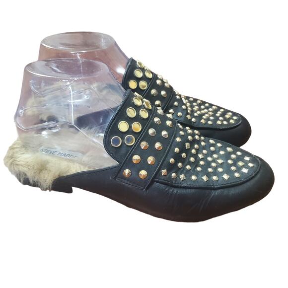 Steve Madden Jordan Studded Black Fur Lined Mule Flats Women's Size 8 Leather - Picture 14 of 16
